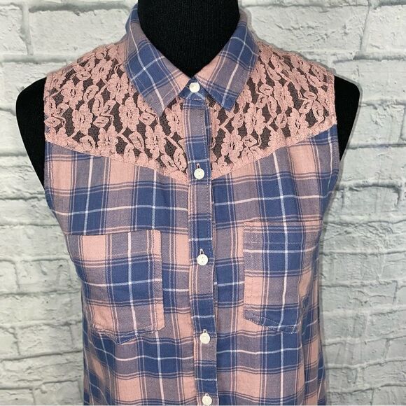 Wild pearl sleeveless plaid button down top w/lace back sz S women - Picture 3 of 9